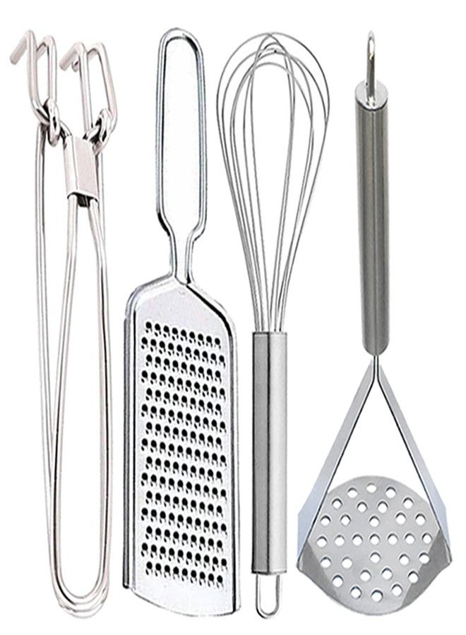 Oc9 Stainless Steel Utility Pakkad & Wire Grater & Egg Whisk & Potato Masher for Kitchen Tools Set - Image 1